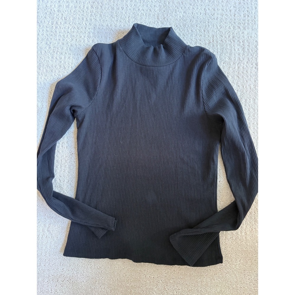 Maeve Anthropologie Mock Neck Top Minimalist Small Black Ribbed Long Sleeve